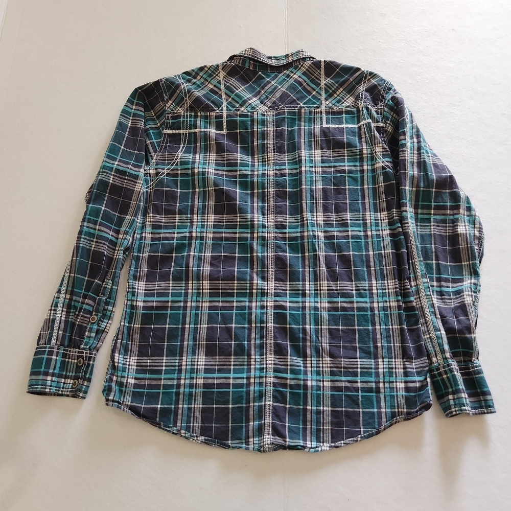 BKE Western Teal & Navy Plaid Slim Fit Stretch Pearl Snap Size Large - Picture 4 of 10